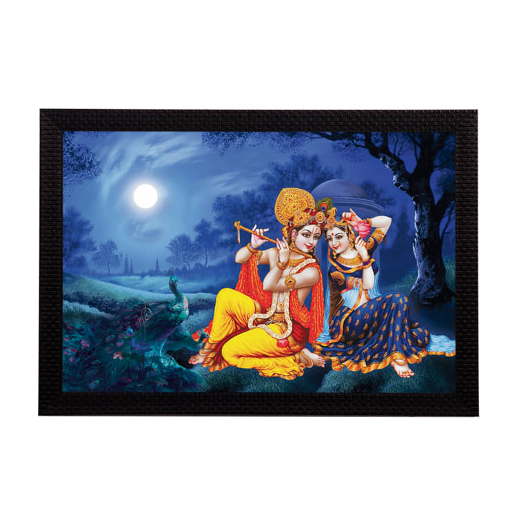     			eCraftIndia Blue & Yellow Radha Krishna Playing Flute Satin Matt Texture UV Wall Art