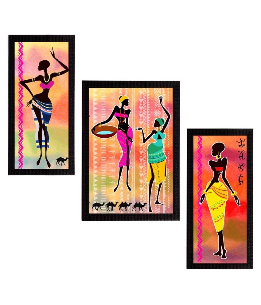     			eCraftIndia Set of 3 Multicoloured Tribal Theme Satin Matt Textured UV Wall Paintings