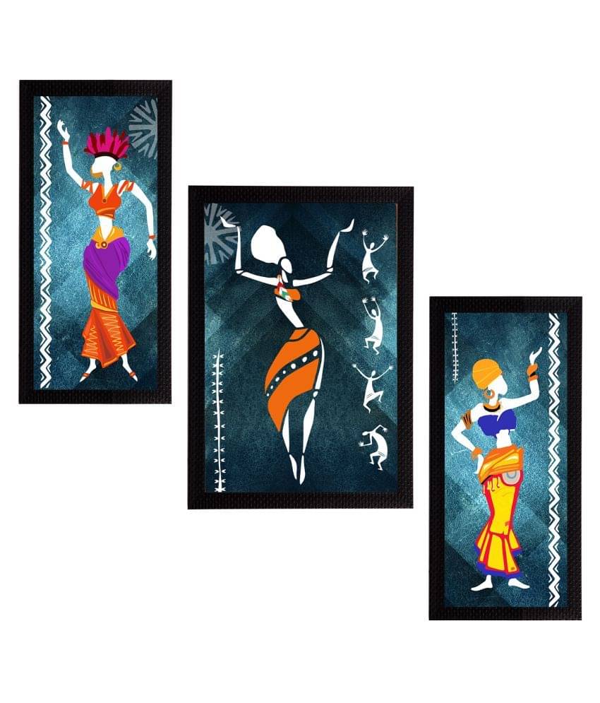 eCraftIndia Set of 3 Blue & Yellow Tribal Theme Satin Matt Textured UV Wall Paintings eCraftIndia Set of 3 Blue & Yellow Tribal Theme Satin Matt Textured UV Wall Paintings