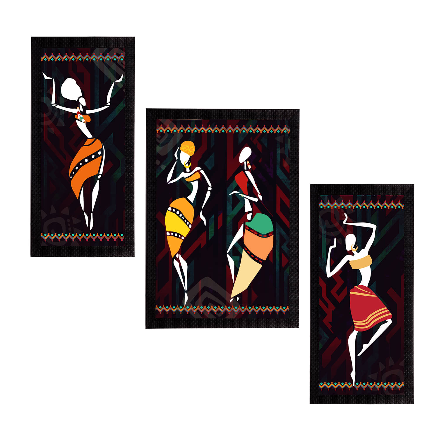     			eCraftIndia Set of 3 Black & White Tribal Theme Satin Matt Textured UV Wall Paintings