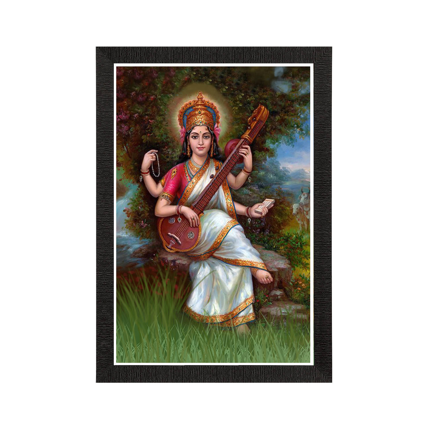     			eCraftIndia Green & White Goddess Saraswati Satin Matte Texture UV Wall Painting