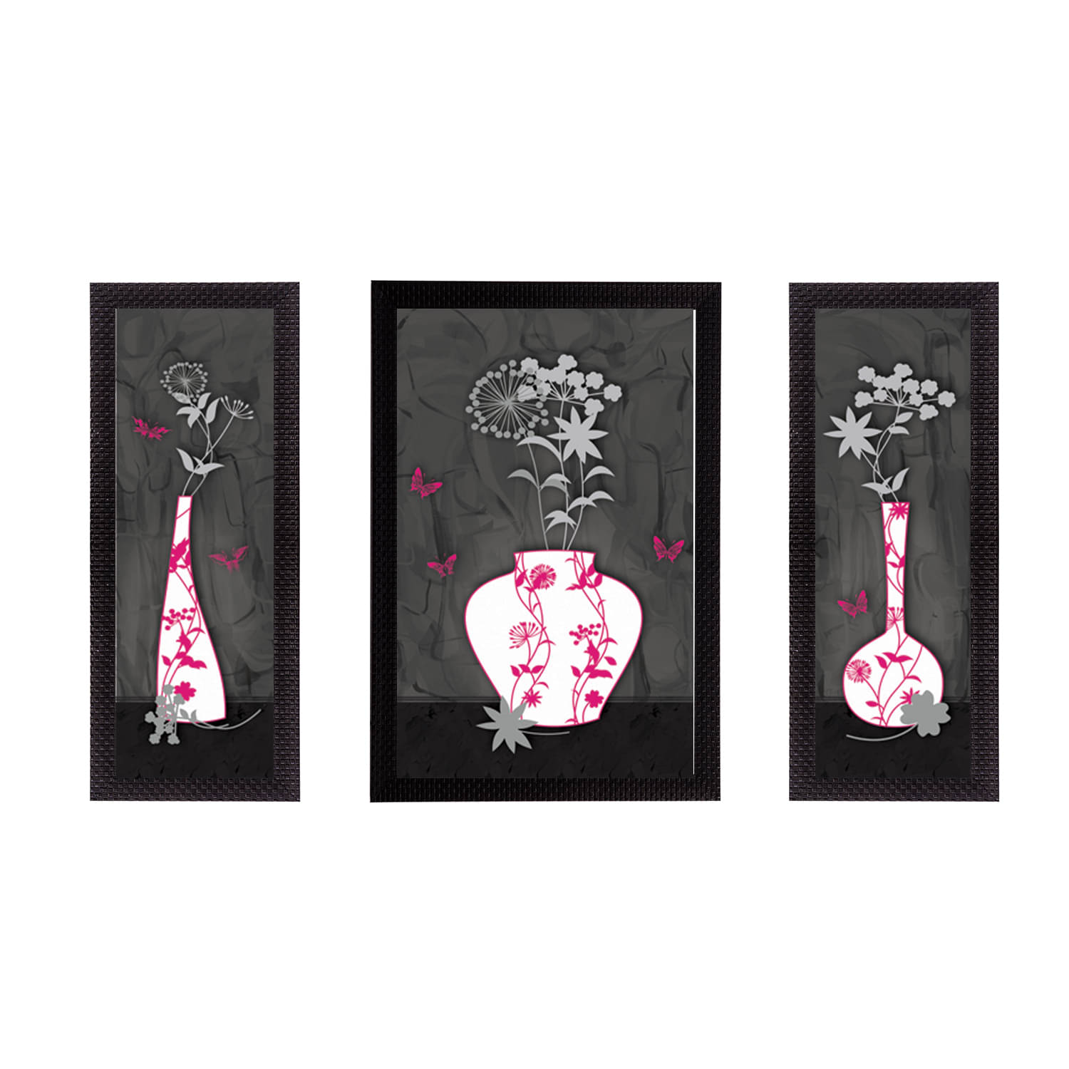     			eCraftIndia Set of 3 Grey & White Floral UV Wall Art