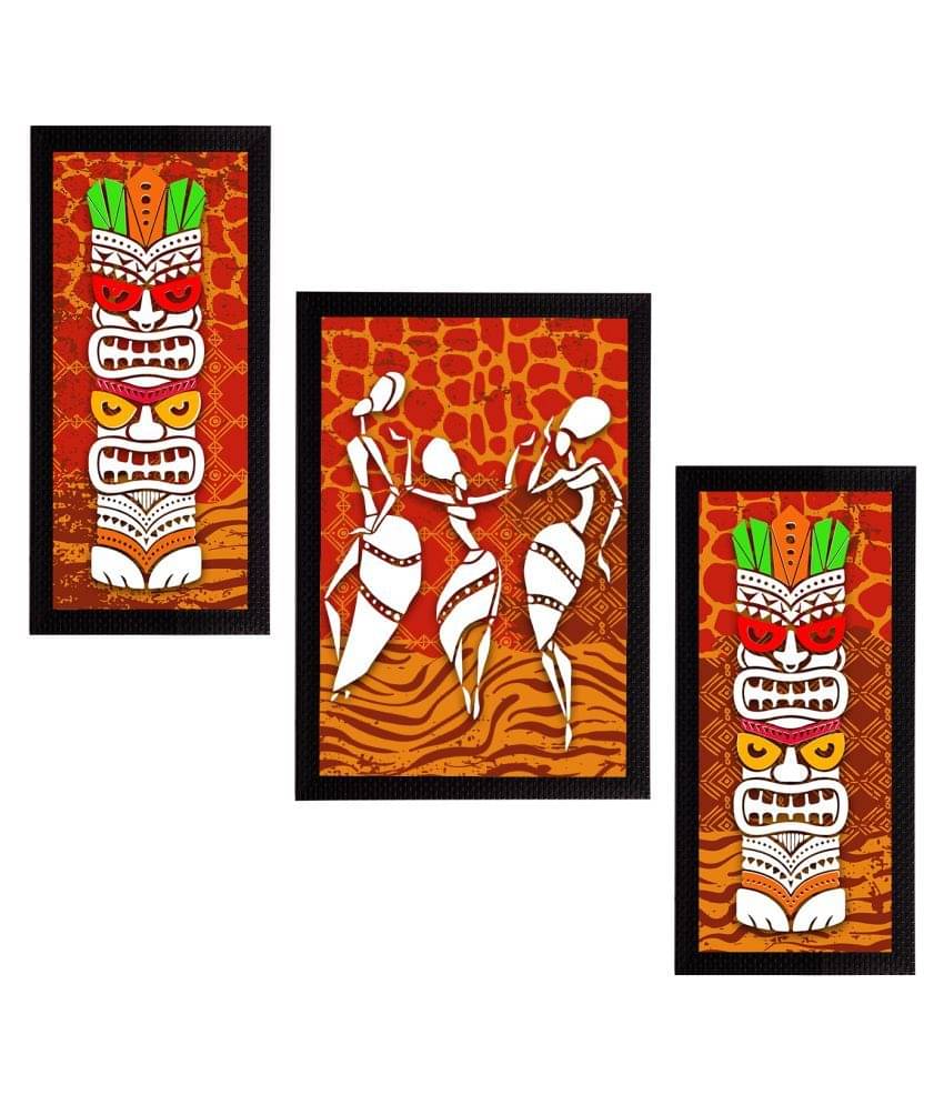     			eCraftIndia Set of 3 Brown & Orange Tribal Theme Satin Matt Textured UV Wall Paintings