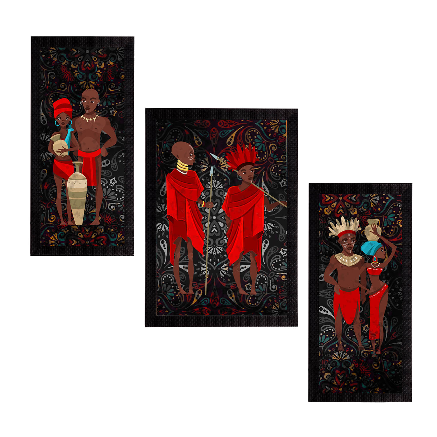     			eCraftIndia Set of 3 Black & Rust Red Tribal Theme Satin Matt Textured UV Wall Paintings