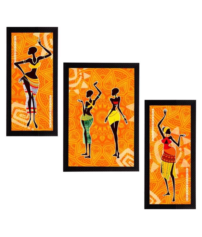     			eCraftIndia Set of 3 Orange Tribal Theme Satin Matt Textured UV Art Paintings
