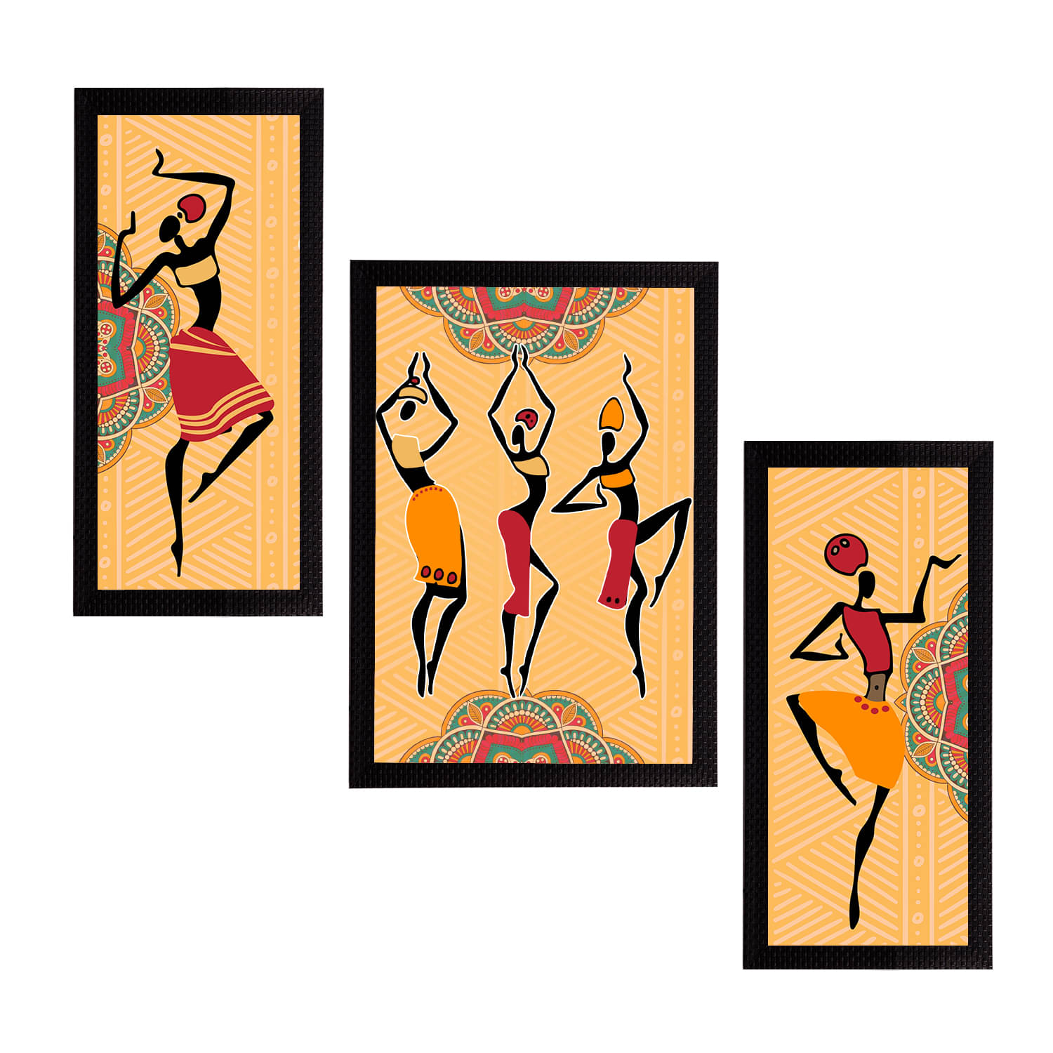     			eCraftIndia Set of 3 Yellow & Black Tribal Theme Satin Matt Textured UV Wall Art
