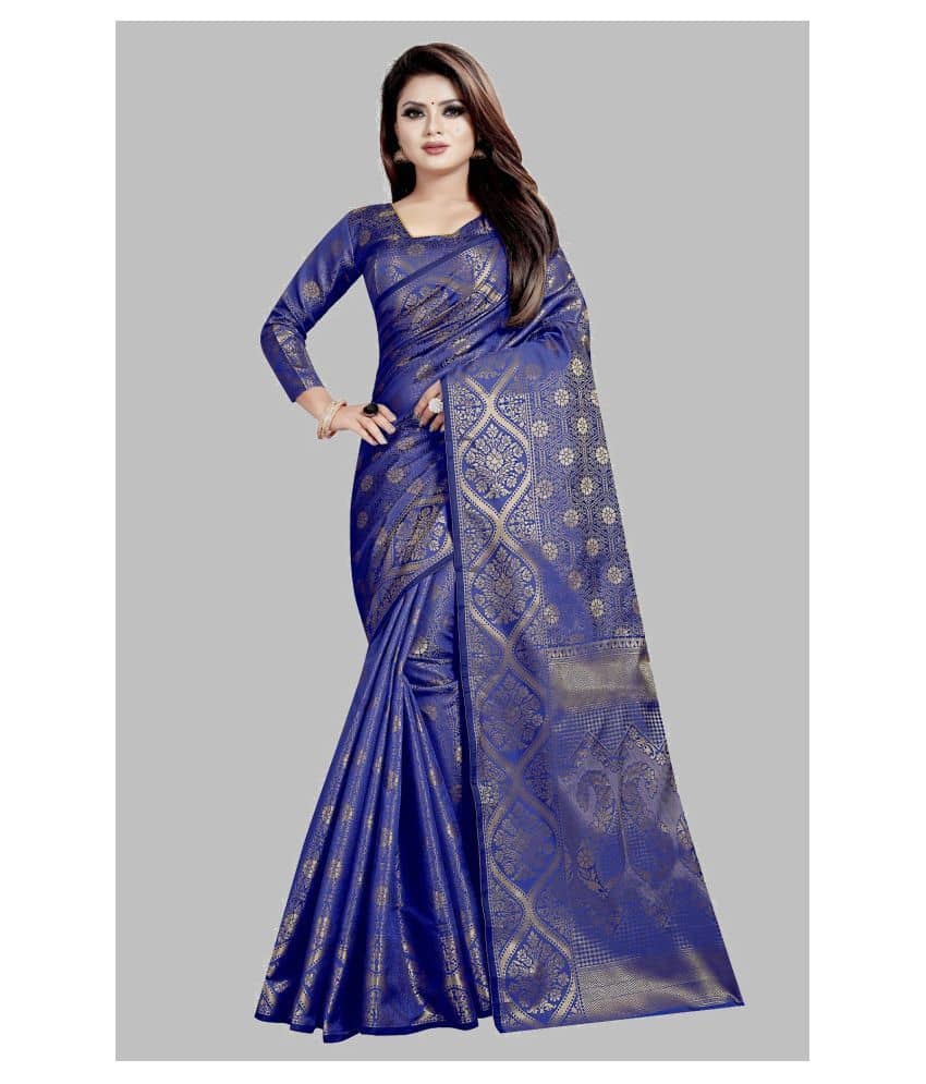 Gazal Fashions Banarasi Silk Printed Saree With Unstitched Blouse Piece ( Blue )