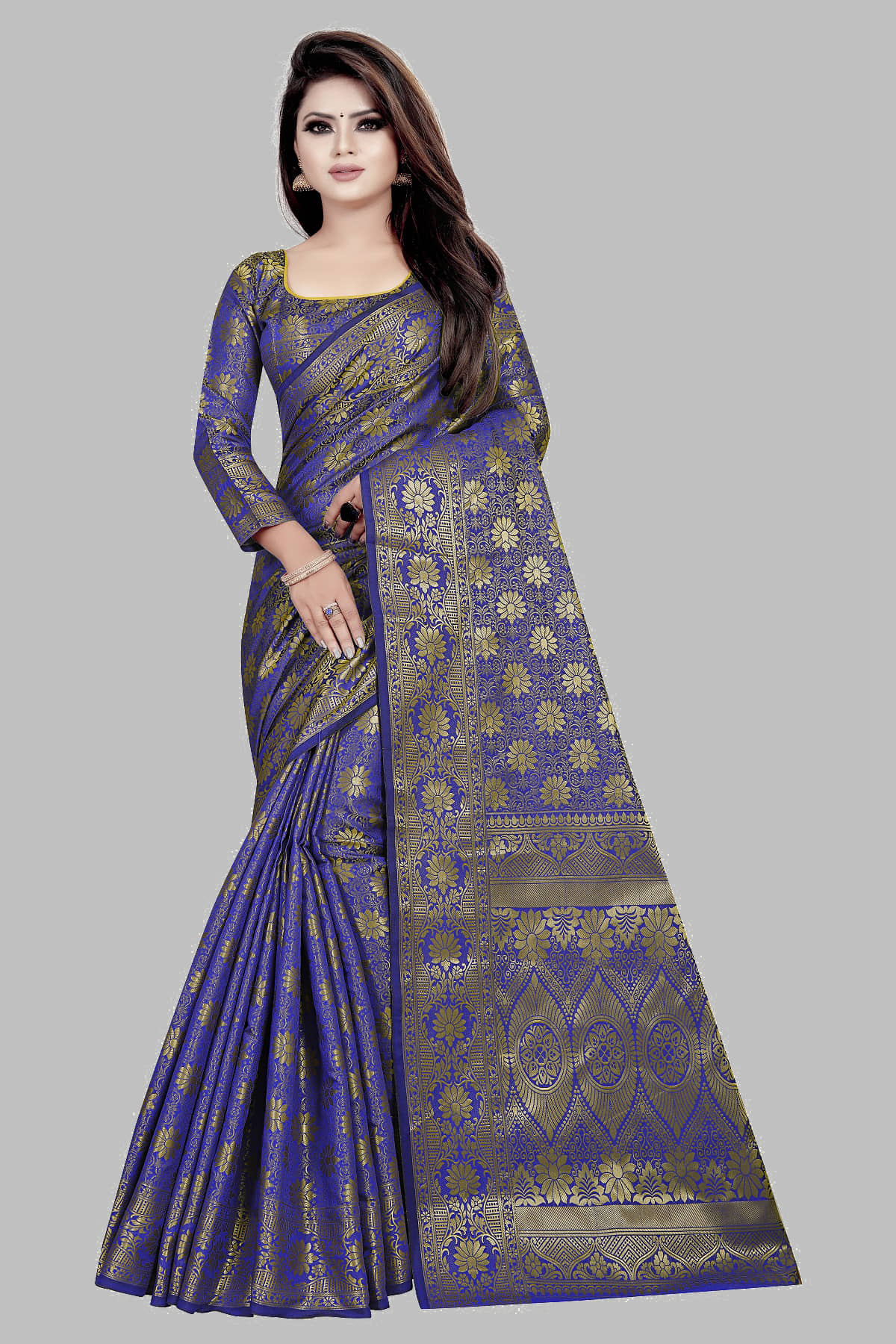 Gazal Fashions Silk Blend Printed Saree With Unstitched Blouse Piece ( Blue ) - Sarees | Buy online on ZillyBuy