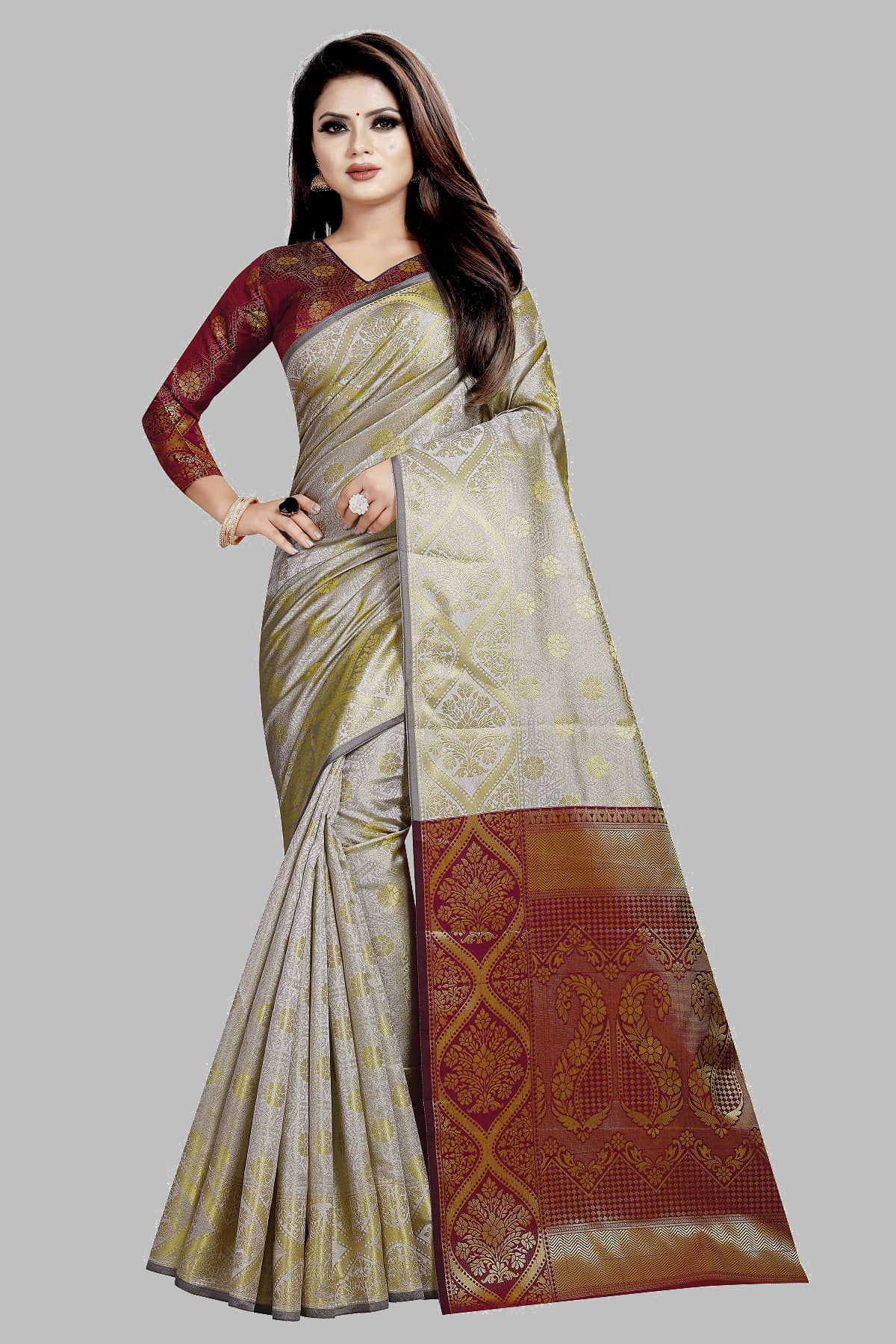 Gazal Fashions Banarasi Silk Embellished Saree With Unstitched Blouse Piece ( Maroon,Beige ) - Sarees | Buy online on ZillyBuy