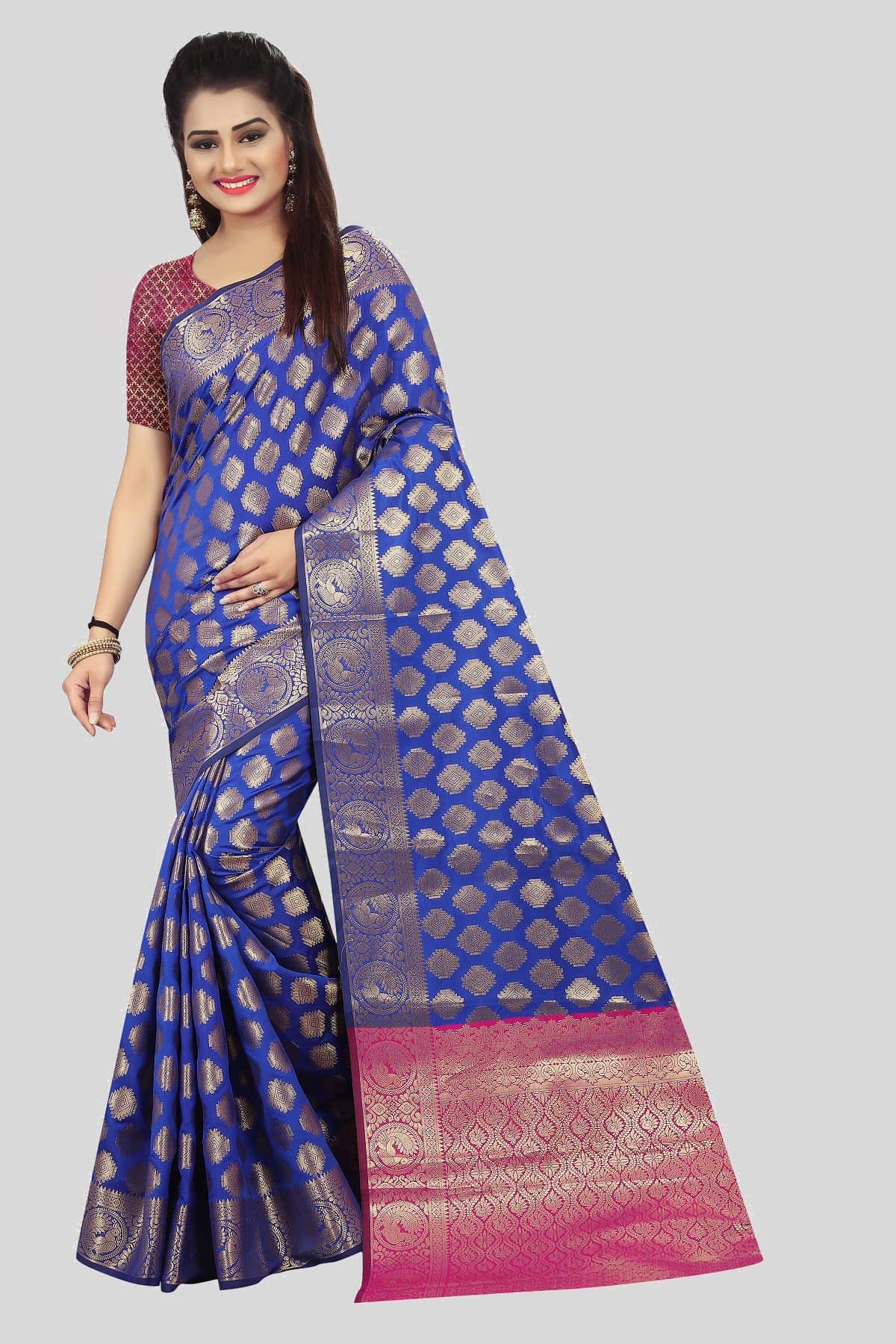 Gazal Fashions Banarasi Silk Embellished Saree With Unstitched Blouse Piece ( Blue ) - Sarees | Buy online on ZillyBuy