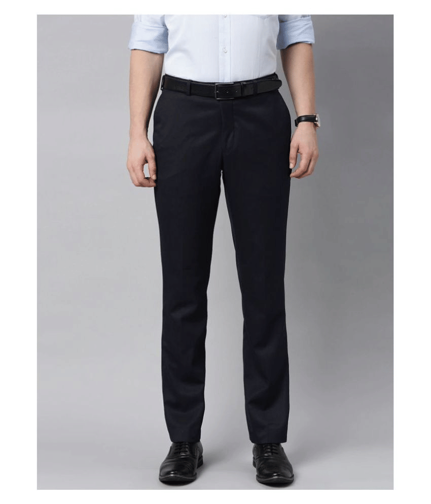     			Haul Chic Navy Blue Slim -Fit Flat Trousers