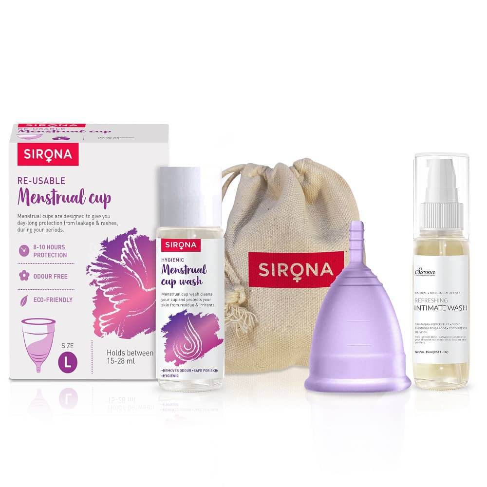 Sirona Reusable Menstrual Cup - Large Size With Pouch, 15ml Mini Intimate Wash & Cup Wash, Ultra Soft, Odour & Rash Free