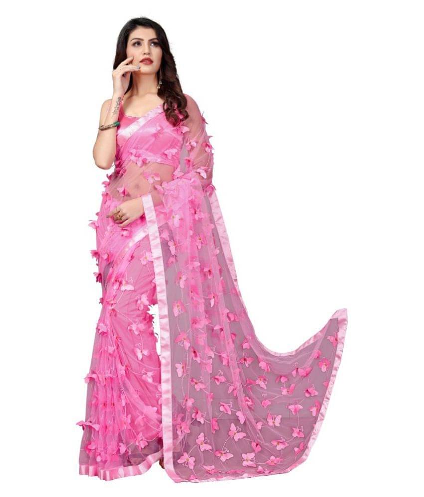     			Apnisha Net Embroidered Saree With Unstitched Blouse Piece ( Pink )