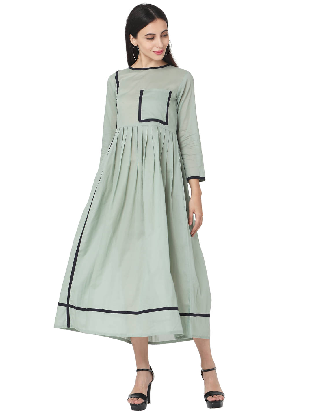     			SAANJH Green Cotton A-line Kurti -
