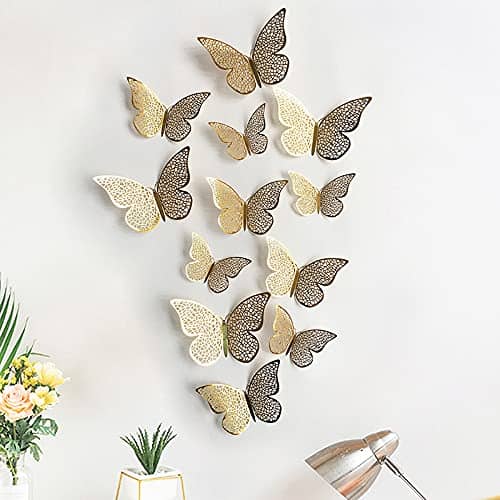 PINDIA Gold 12 pcs 3D Metal BUTTERFLY for Party Décor 3D Sticker ( 12 x 7 cms )