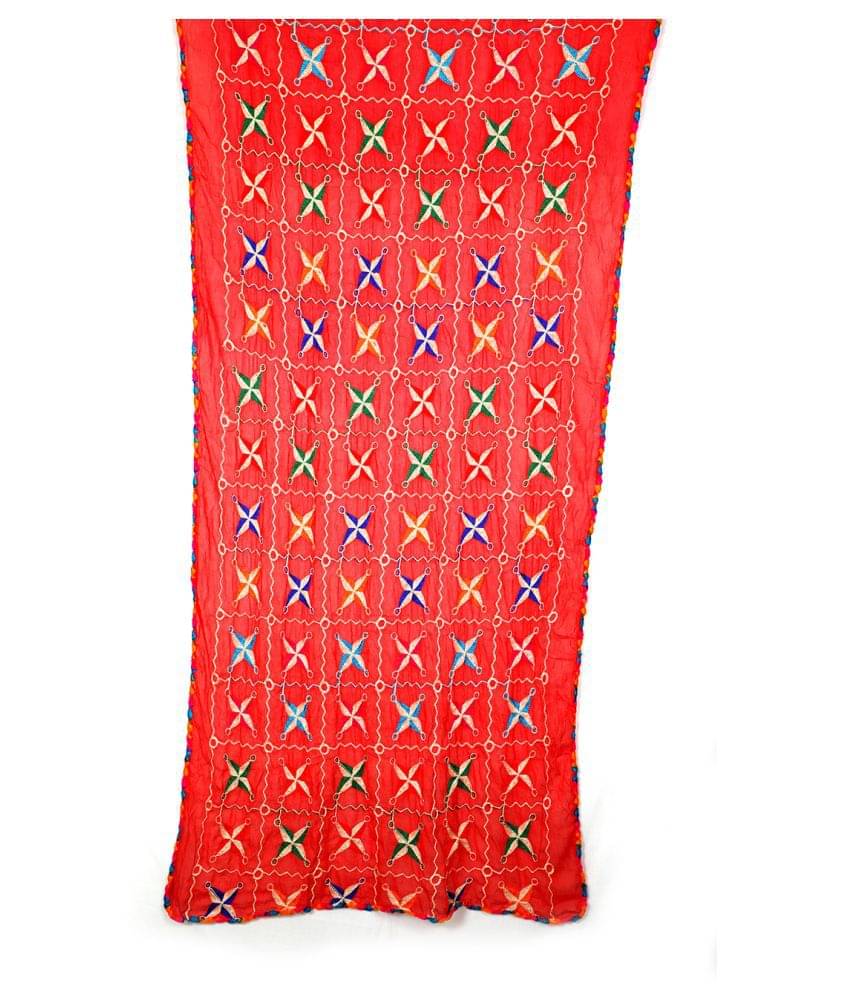 Raj Red Chiffon Phulkari Dupatta - Single Raj Red Chiffon Phulkari Dupatta - Single