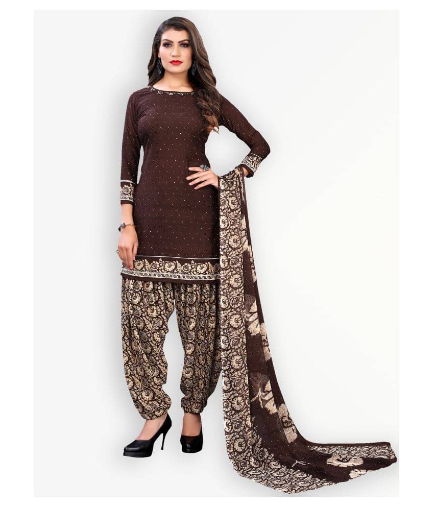 Jevi Prints Brown Crepe Unstitched Dress Material - Single Jevi Prints Brown Crepe Unstitched Dress Material - Single