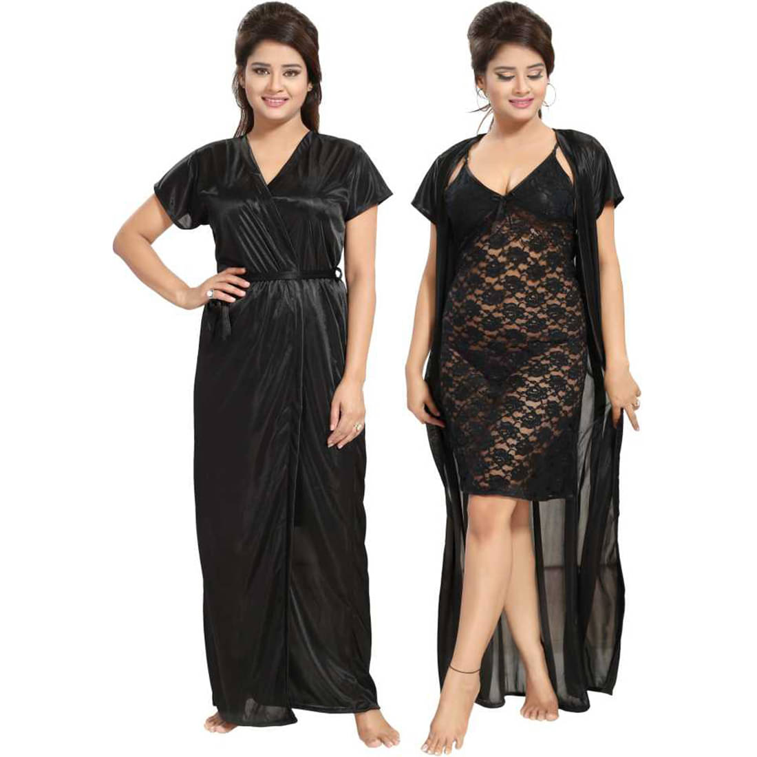     			Gutthi Satin Nighty & Night Gowns - Black Pack of 2