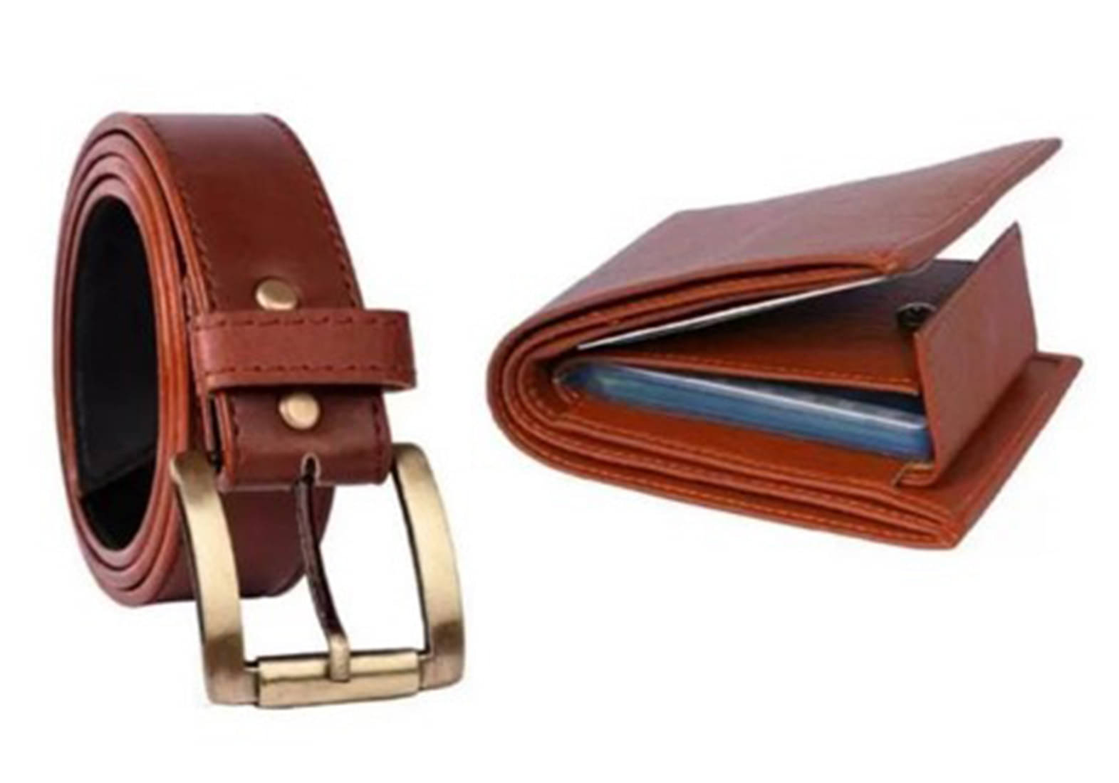     			Loopa - Brown PU Men's Belts Wallets Set ( Pack of 2 )
