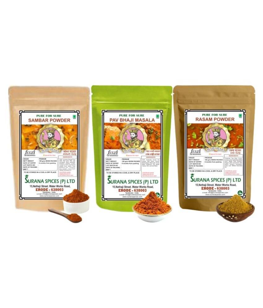 Maharaja 100% Pure Sambar & Rasam Powder & Pav Bhaji Masala 100gms each Masala 300 gm Pack of 3 Maharaja 100% Pure Sambar & Rasam Powder & Pav Bhaji Masala 100gms each Masala 300 gm Pack of 3