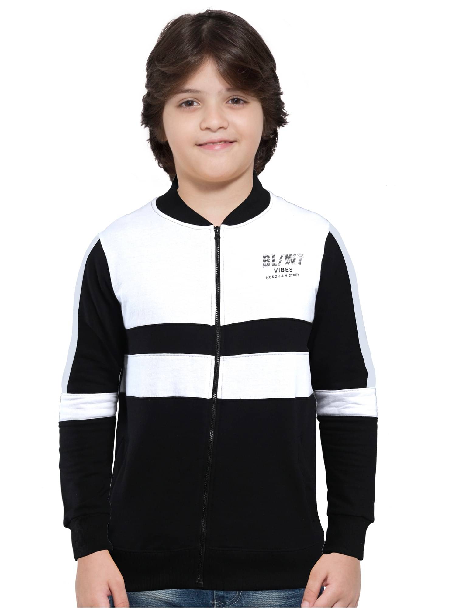     			Maniac Colorblock Boy's Full Sleeve Round Neck Black, White Cotton Zip Jacket