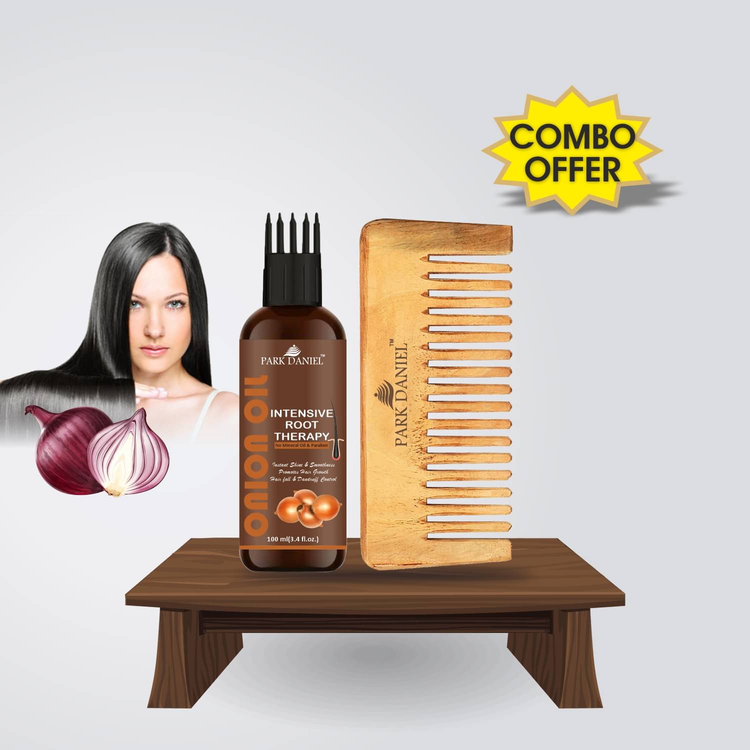     			Park Daniel  Onion Root Therapy Oil+ Neem  Wide tooth Comb Pack of 2