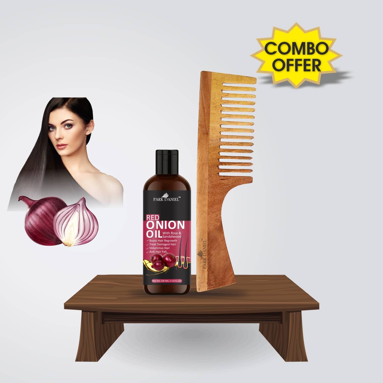     			Park Daniel  Red Onion Oil+ Neem Wooden  Wide tooth Comb Pack of 2