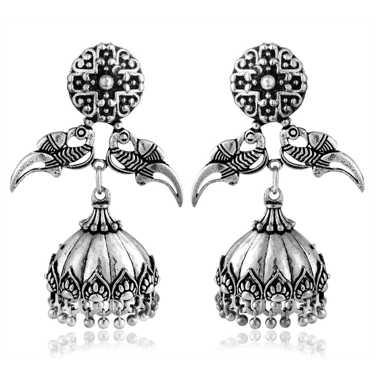     			Spargz Handmade Parrot Style Oxidized Silver Plated Jhumkis