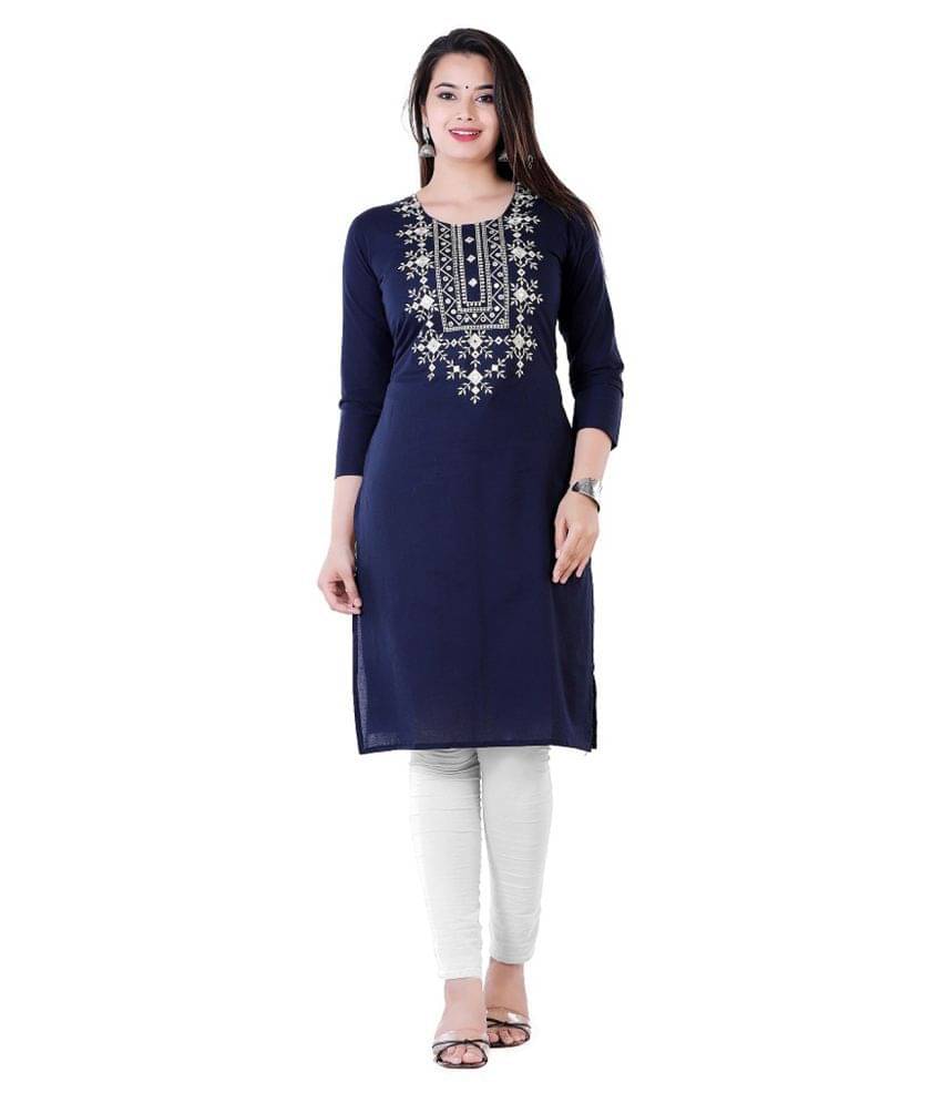     			P PRIYA FASHION - Blue Cotton Blend Women's Straight Kurti ( Pack of 1 )