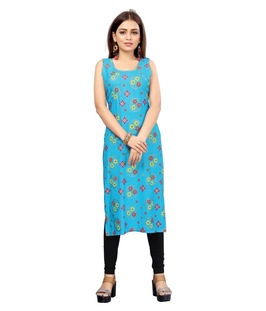 MEESORRA - Turquoise Rayon Women's Straight Kurti ( Pack of 1 ) - Kurtis, Tunics | Buy online on ZillyBuy