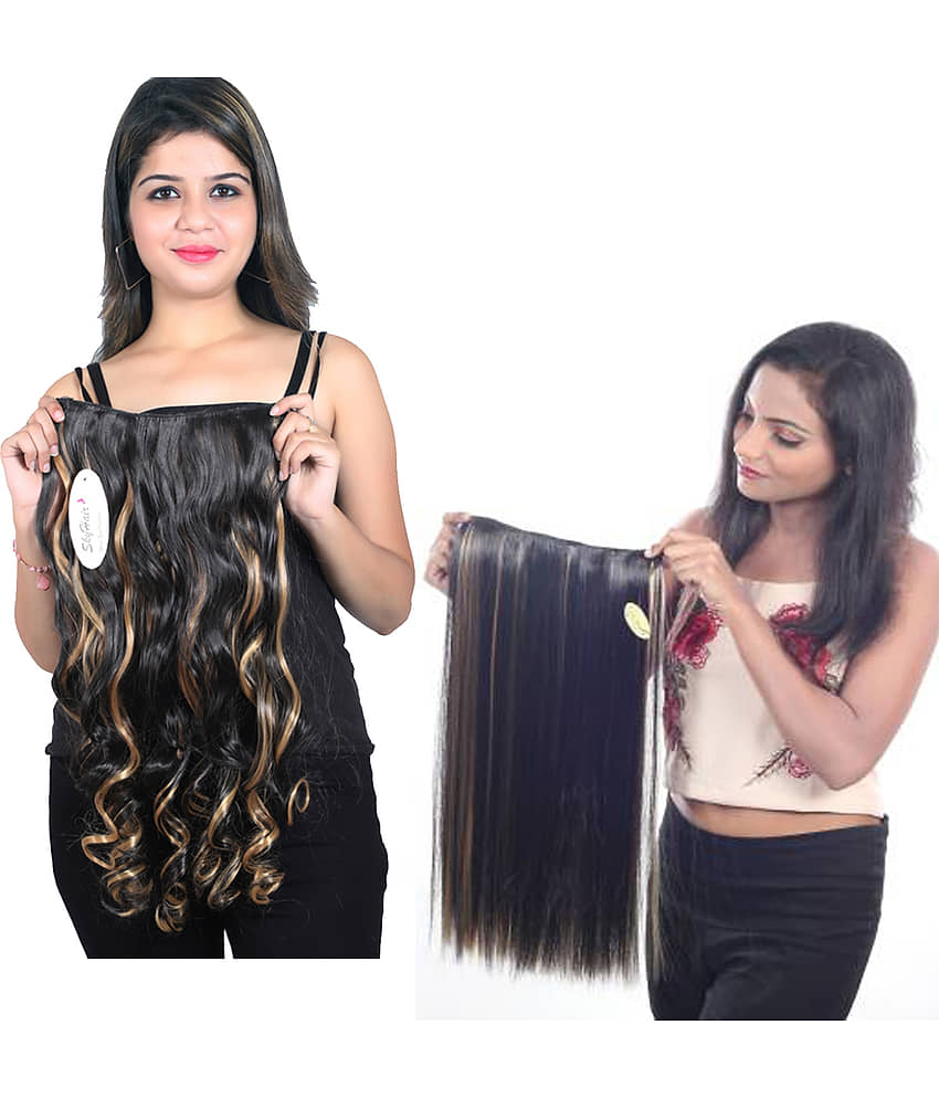 VSAKSH Women's Combo Of Straight & Curly Hair Extension with 5 Clips (Brown Golden Highlighter) - Jewellery Sets | Buy online on ZillyBuy
