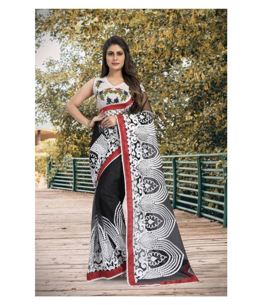 Gazal Fashions Net Embroidered Saree With Unstitched Blouse Piece ( Black,White ) Gazal Fashions Net Embroidered Saree With Unstitched Blouse Piece ( Black,White )