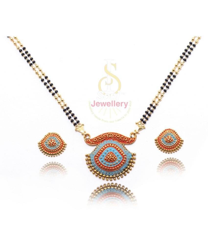     			SONI Beyond Love Traditional Ethnic One Gram Gold Plated 24 Inch Long Black Beads Latest Stylish Designer Pendant Golden Mangalsutra for Women