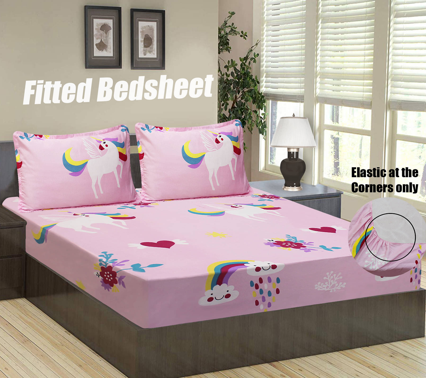     			Home Candy Microfibre Graphic 1 Bedsheet with 2 Pillow Covers - Pink