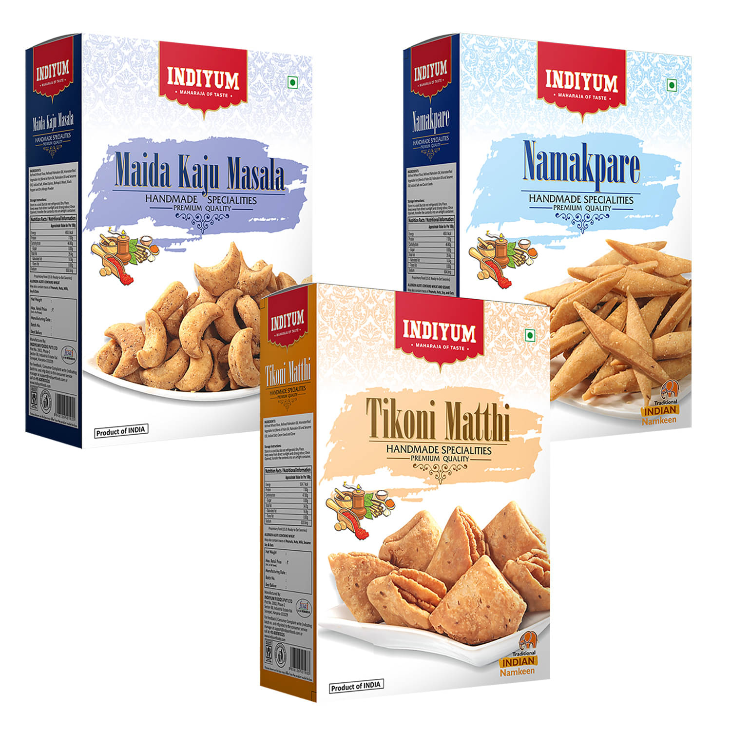 Indiyum Maida Snacks Namkeen Combo (Tikhoni Mathi 300g, Maida Kaju Masala 400g, Namakpare 300g Indiyum Maida Snacks Namkeen Combo (Tikhoni Mathi 300g, Maida Kaju Masala 400g, Namakpare 300g