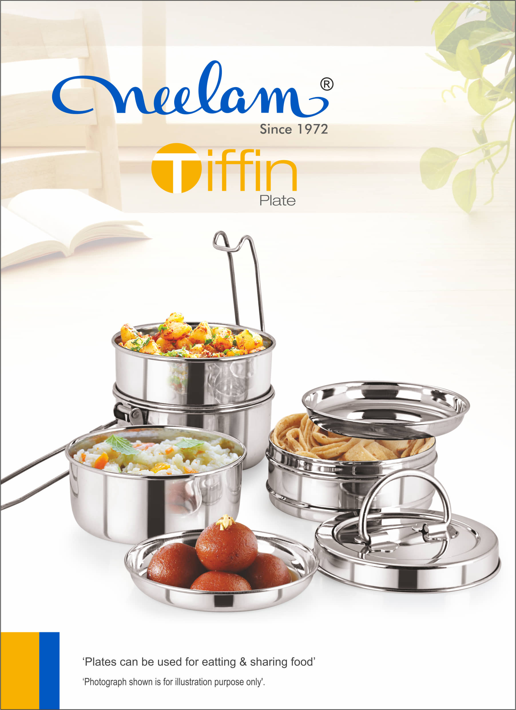 Neelam Tiffin Plate 7x3 Stainless Steel Lunch Box 3 Container (Pack of 1)