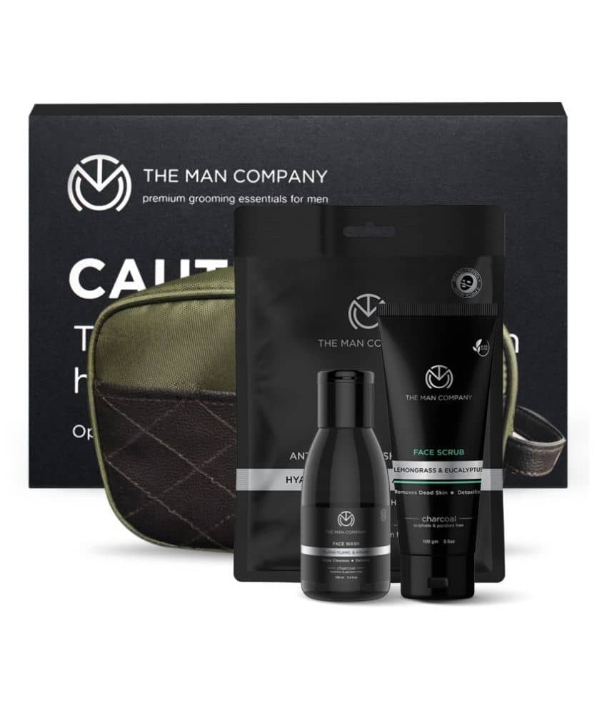 The Man Company De Tan Kit with Activated Charcoal Face Scrub, Face Wash, Sheet Mask & Washbag