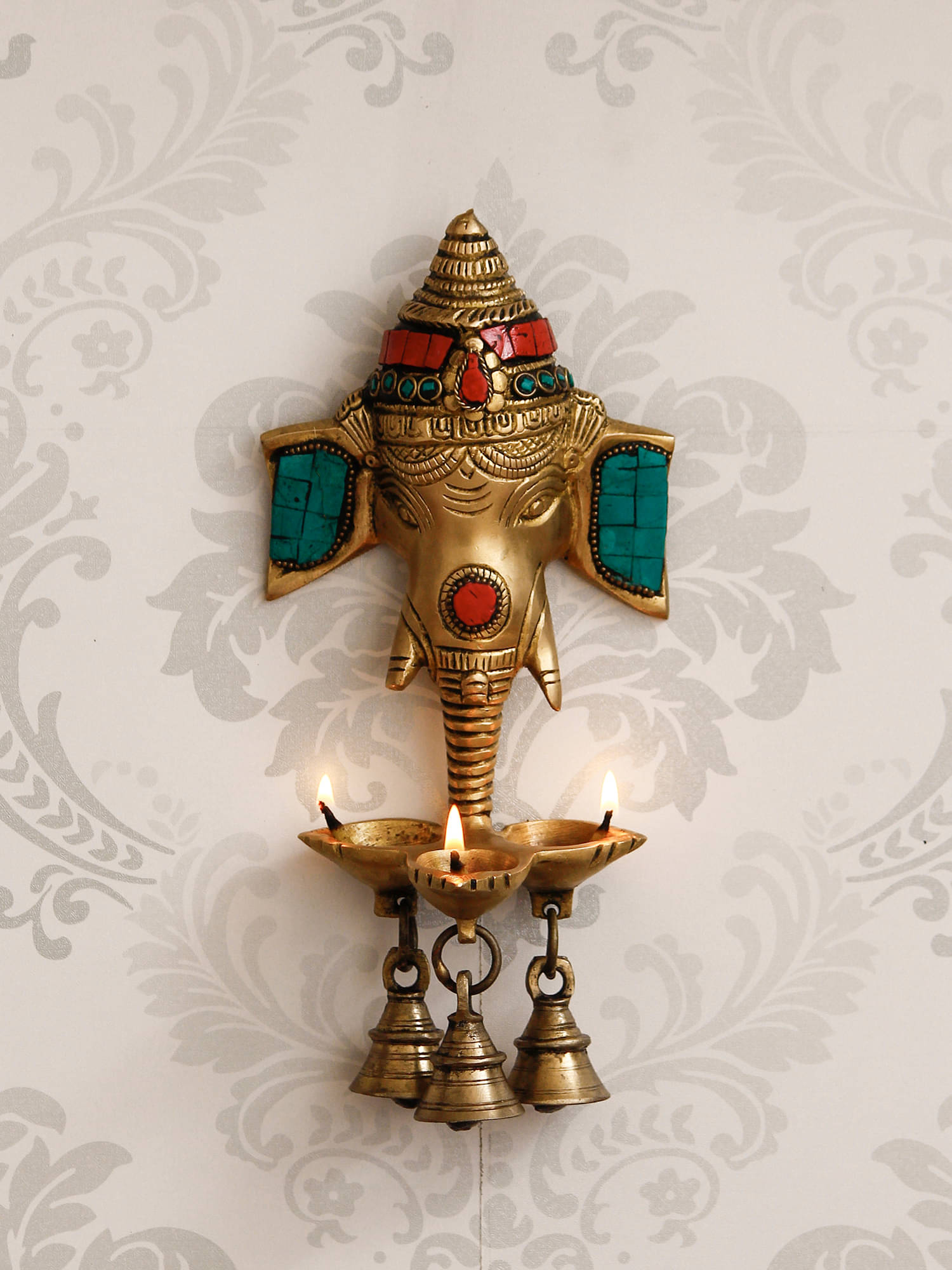     			eCraftIndia Gold-Toned & Red Handcrafted Wall Hanging Lord Ganesha with 3 Bells & Diyas