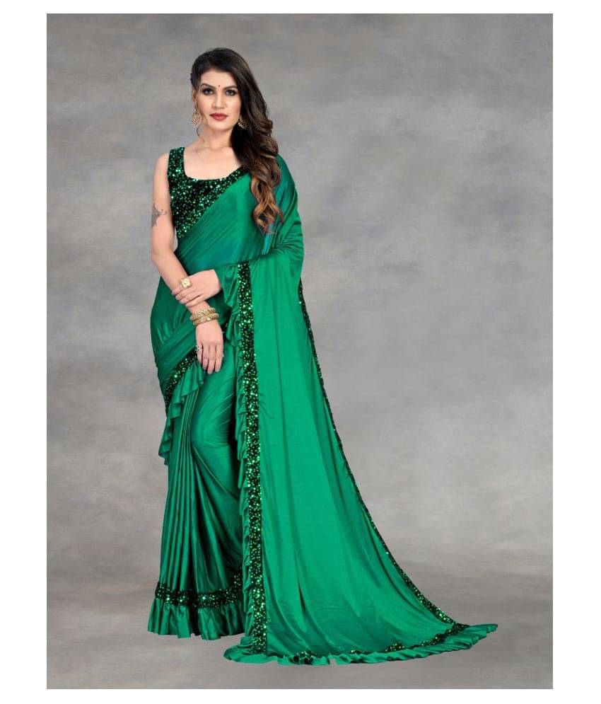 Aika Lycra Embroidered Saree With Unstitched Blouse Piece ( Green ) Aika Lycra Embroidered Saree With Unstitched Blouse Piece ( Green )