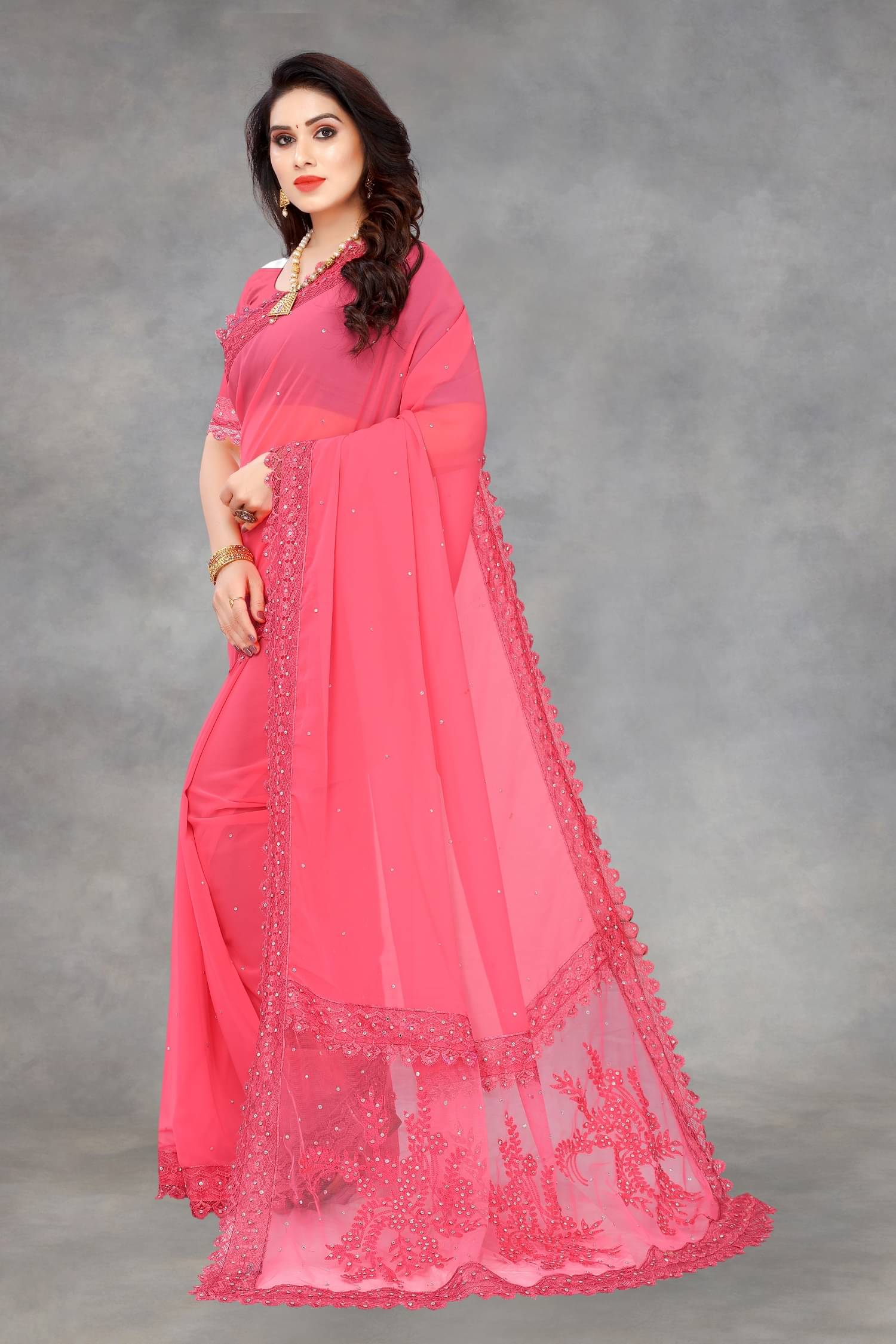 Aika Georgette Embroidered Saree With Unstitched Blouse Piece ( Peach ) Aika Georgette Embroidered Saree With Unstitched Blouse Piece ( Peach )