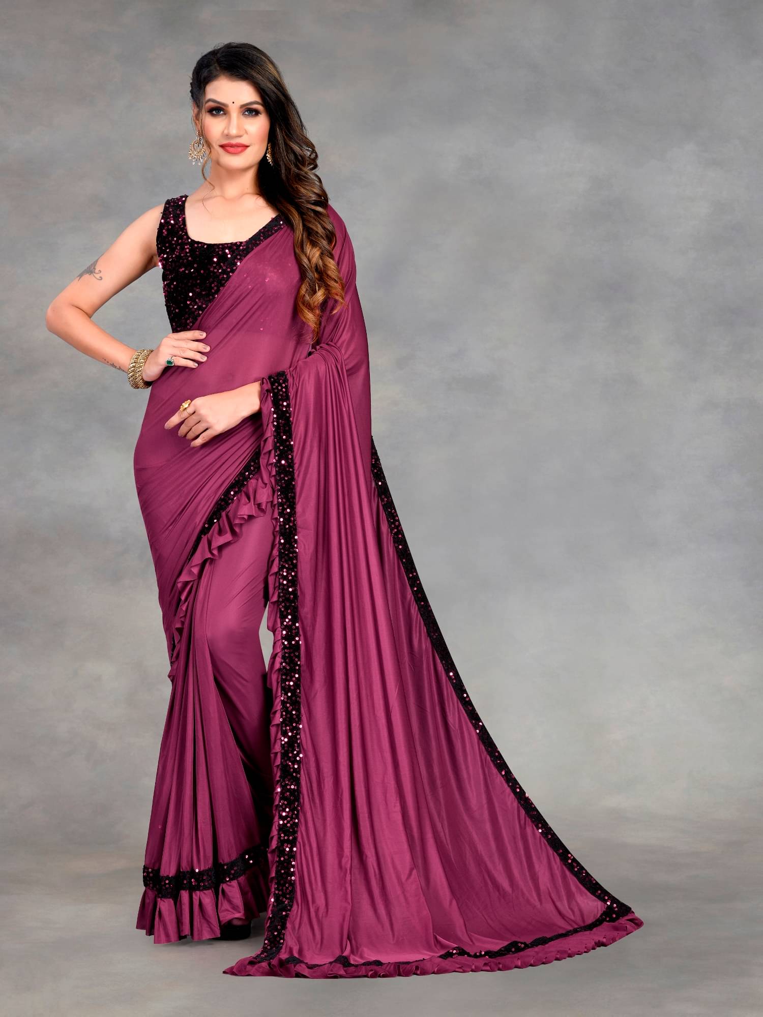     			Aika Lycra Embroidered Saree With Unstitched Blouse Piece ( Purple )