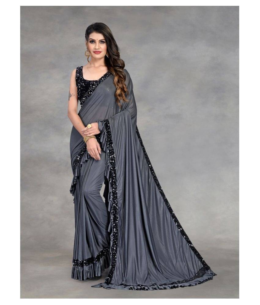 Apnisha Lycra Embroidered Saree With Unstitched Blouse Piece ( Grey ) Apnisha Lycra Embroidered Saree With Unstitched Blouse Piece ( Grey )