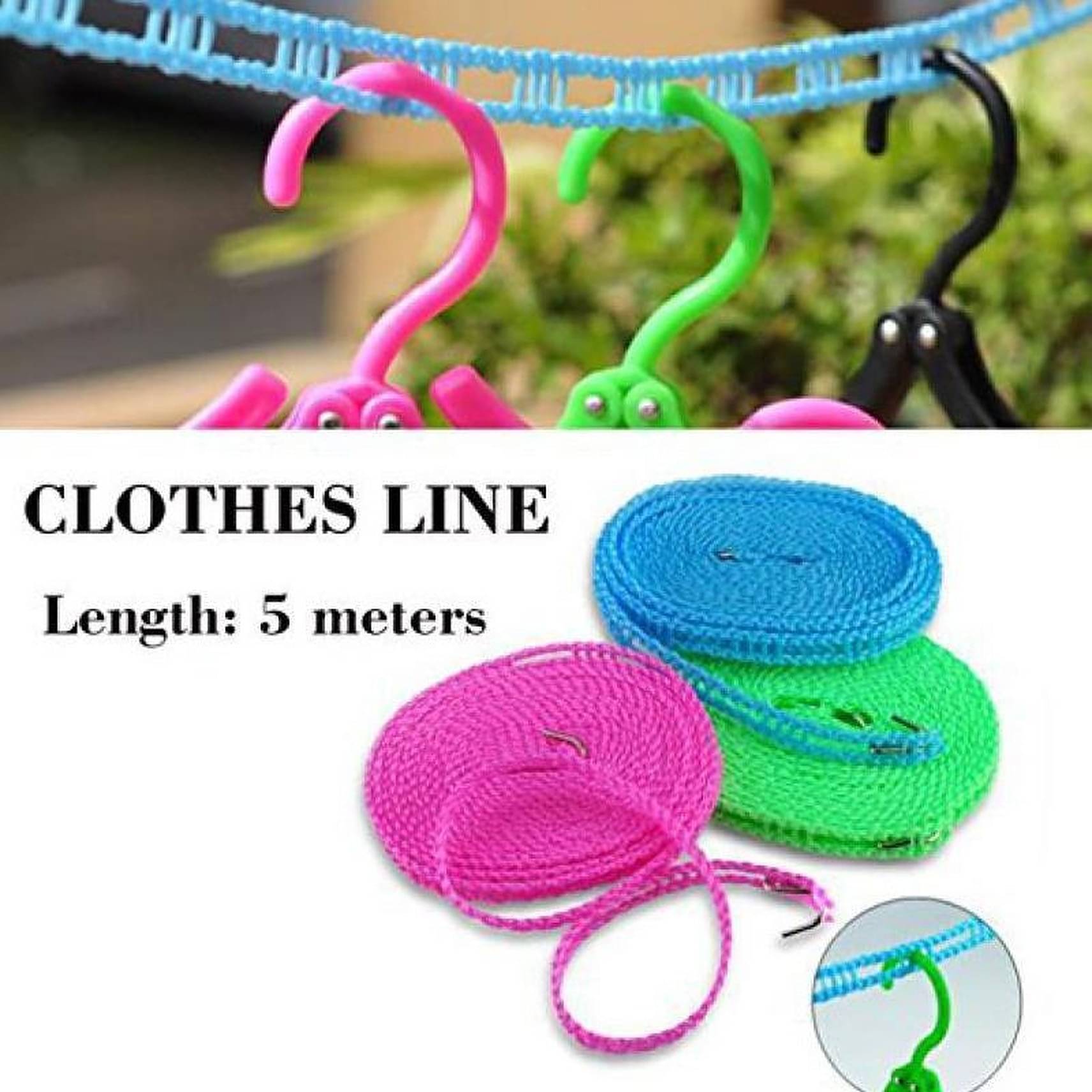     			Jetudoo Nylon ClothesLines Clothesline Drying Nylon Rope with Hooks(5 meter) - Muti-color