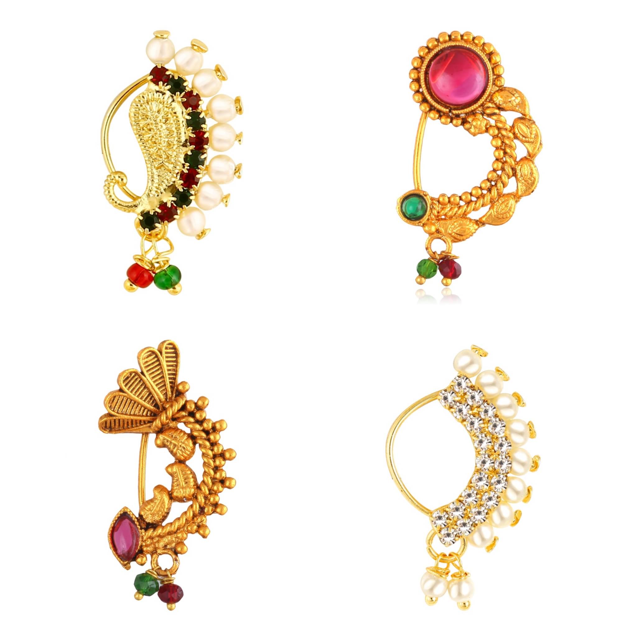 Vighnaharta Non Piercing Gold Plated Mayur design with Pearls and AD Stone Alloy Maharashtrian Nath Nathiya./ Nose Pin combo for women VFJ1003-1011-1029-1036NTH-Press Vighnaharta Non Piercing Gold Plated Mayur design with Pearls and AD Stone Alloy Maharashtrian Nath Nathiya./ Nose Pin combo for women VFJ1003-1011-1029-1036NTH-Press