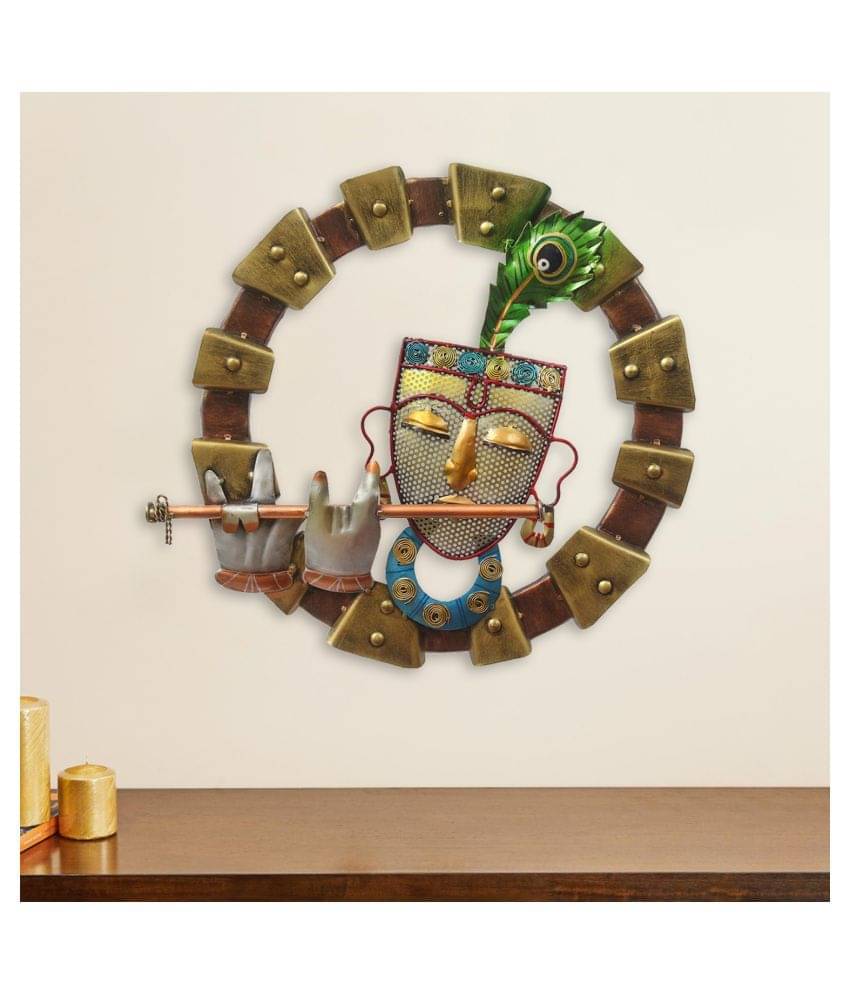     			eCraftIndia Brown & Gold-Toned Handcrafted Lord Krishna Playing The Flute Wall Hanging