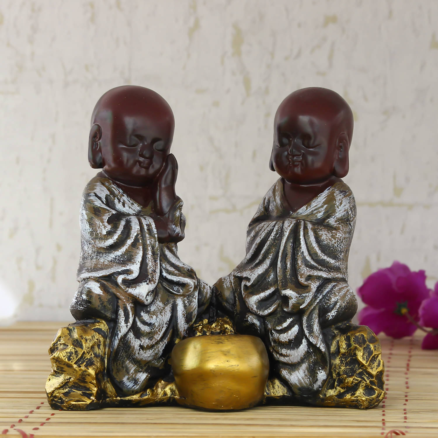    			eCraftIndia Set of 2 Silver-Toned & Gold-Toned Handcrafted Monks Tealight Holder Showpiece