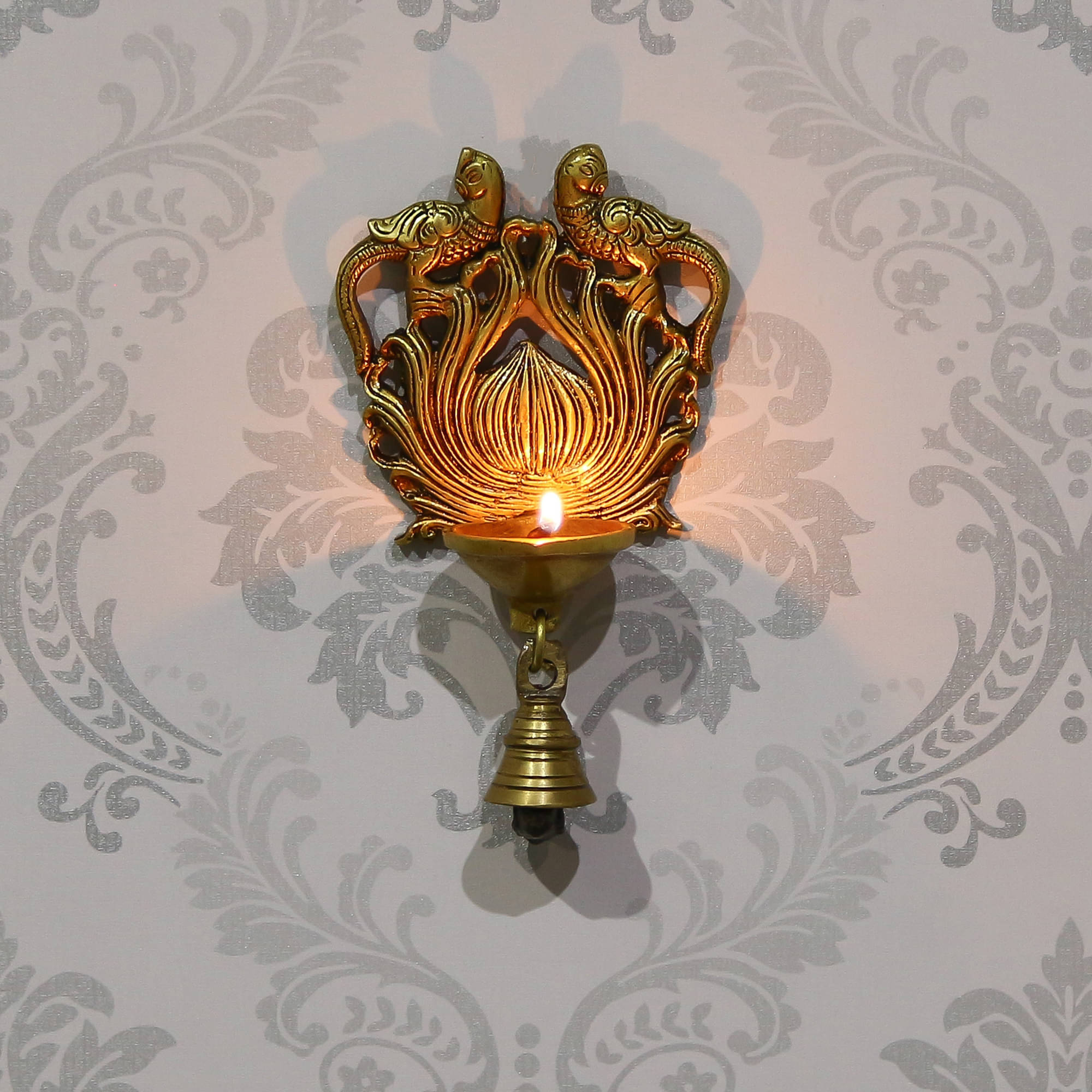     			eCraftIndia Gold-Toned Antique Decorative Handcrafted Bird Wall Hanging Diya With Bells