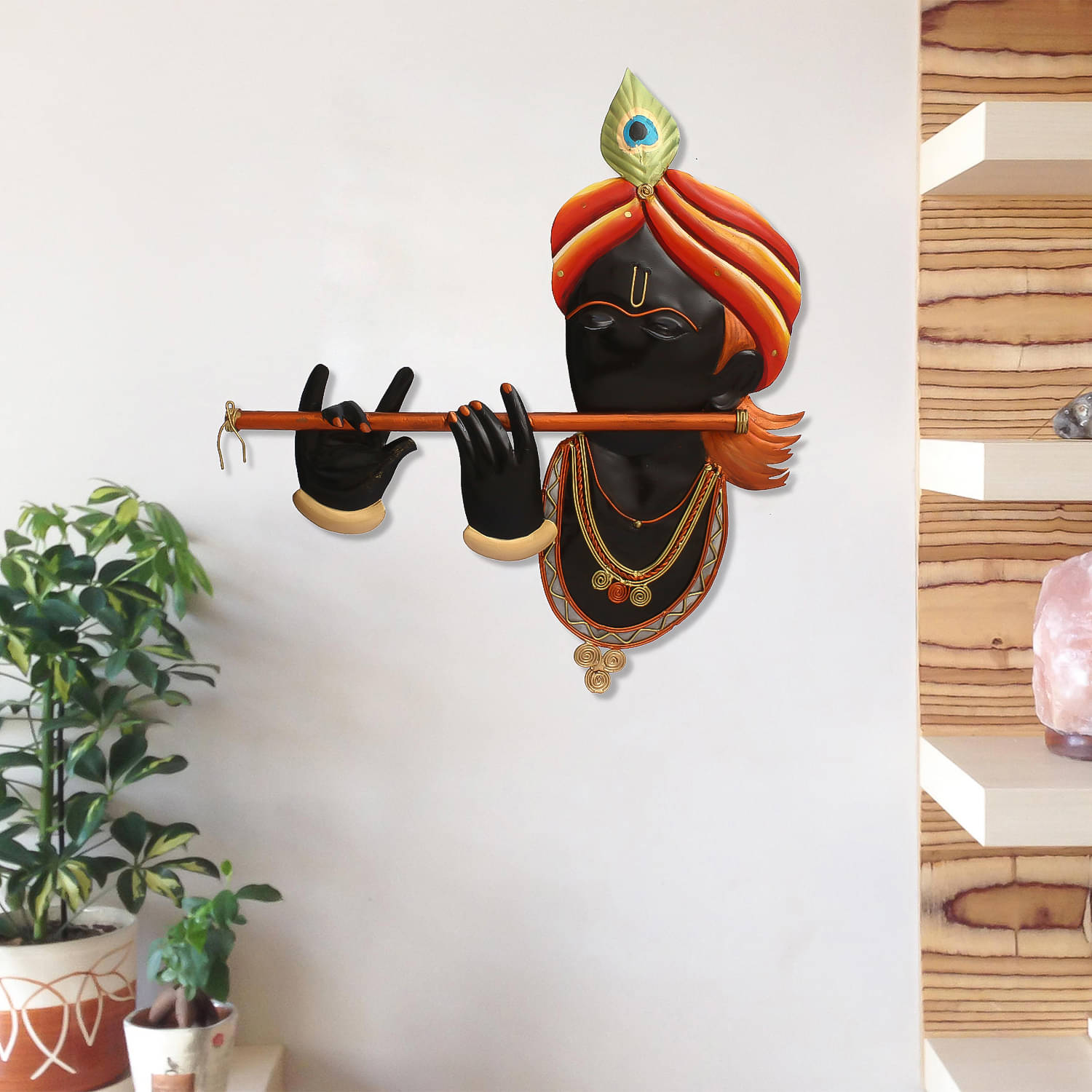     			eCraftIndia Black & Orange Lord Krishna Playing Flute Wall Hanging