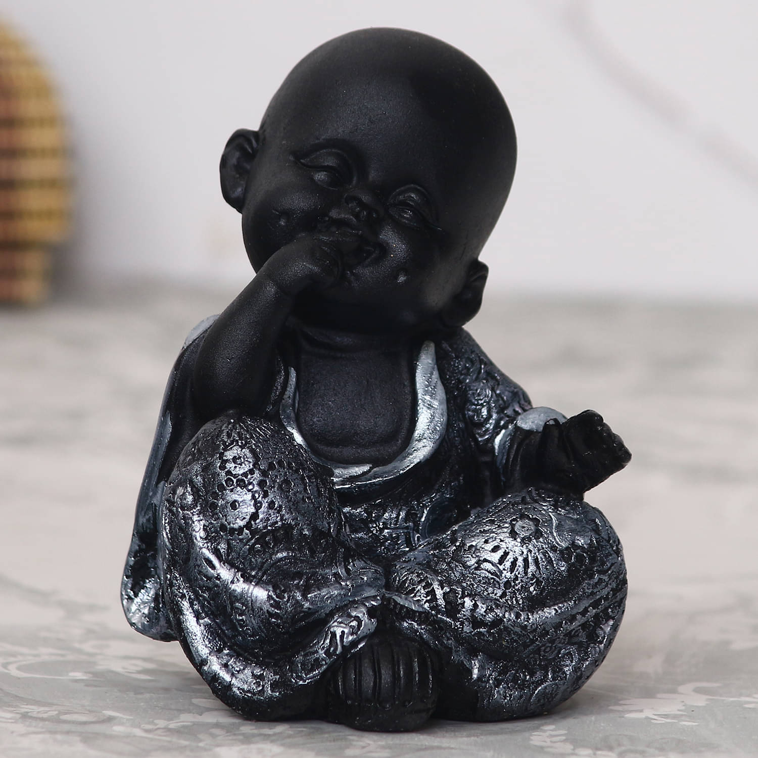     			eCraftIndia Silver &Black Sitting Monk Budha Decorative ShowPiece