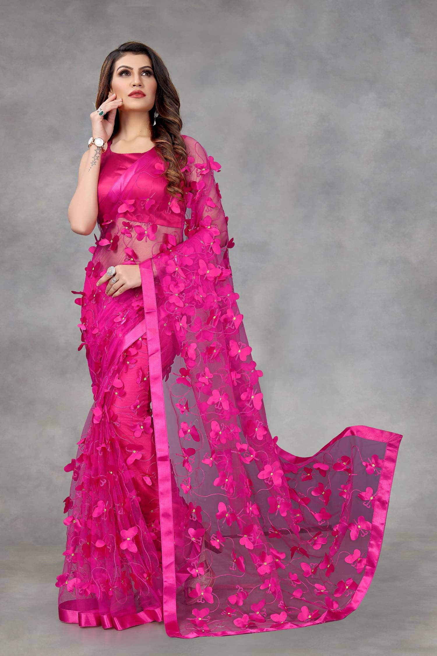 Aika Net Embroidered Saree With Unstitched Blouse Piece ( Pink ) Aika Net Embroidered Saree With Unstitched Blouse Piece ( Pink )